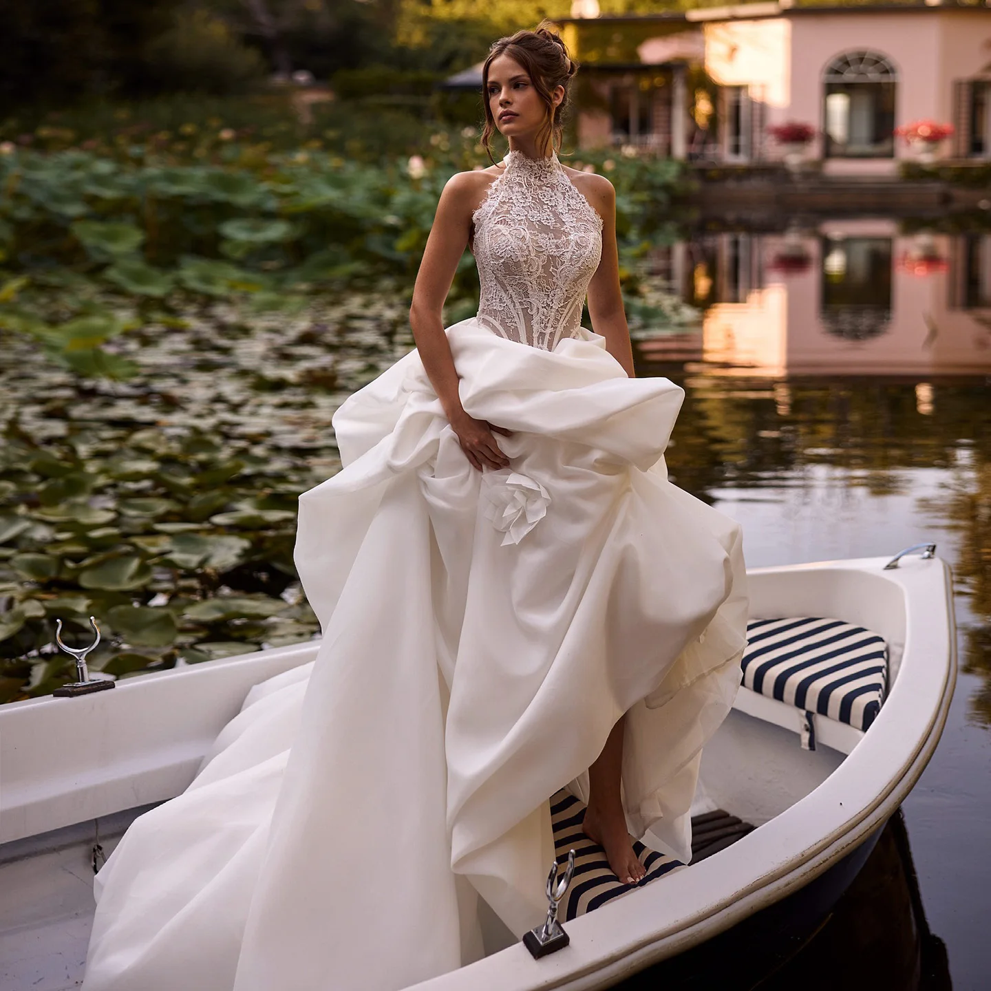 Sharon Said Elegant Princess Ball Gown Wedding Dress Halter Lace Open Back Massive Train 3D Floral Bridal Gowns SW121 Customized