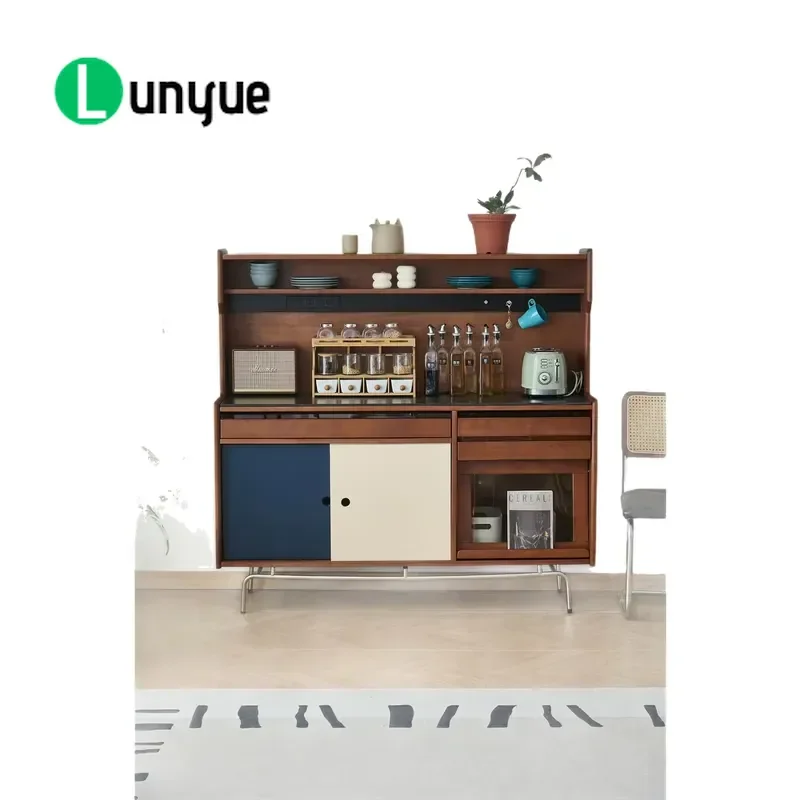 Antique Solid Wood Dining Cabinet with Modern Rock Panel Integrated Wall Console Traditional Design Storage Function for