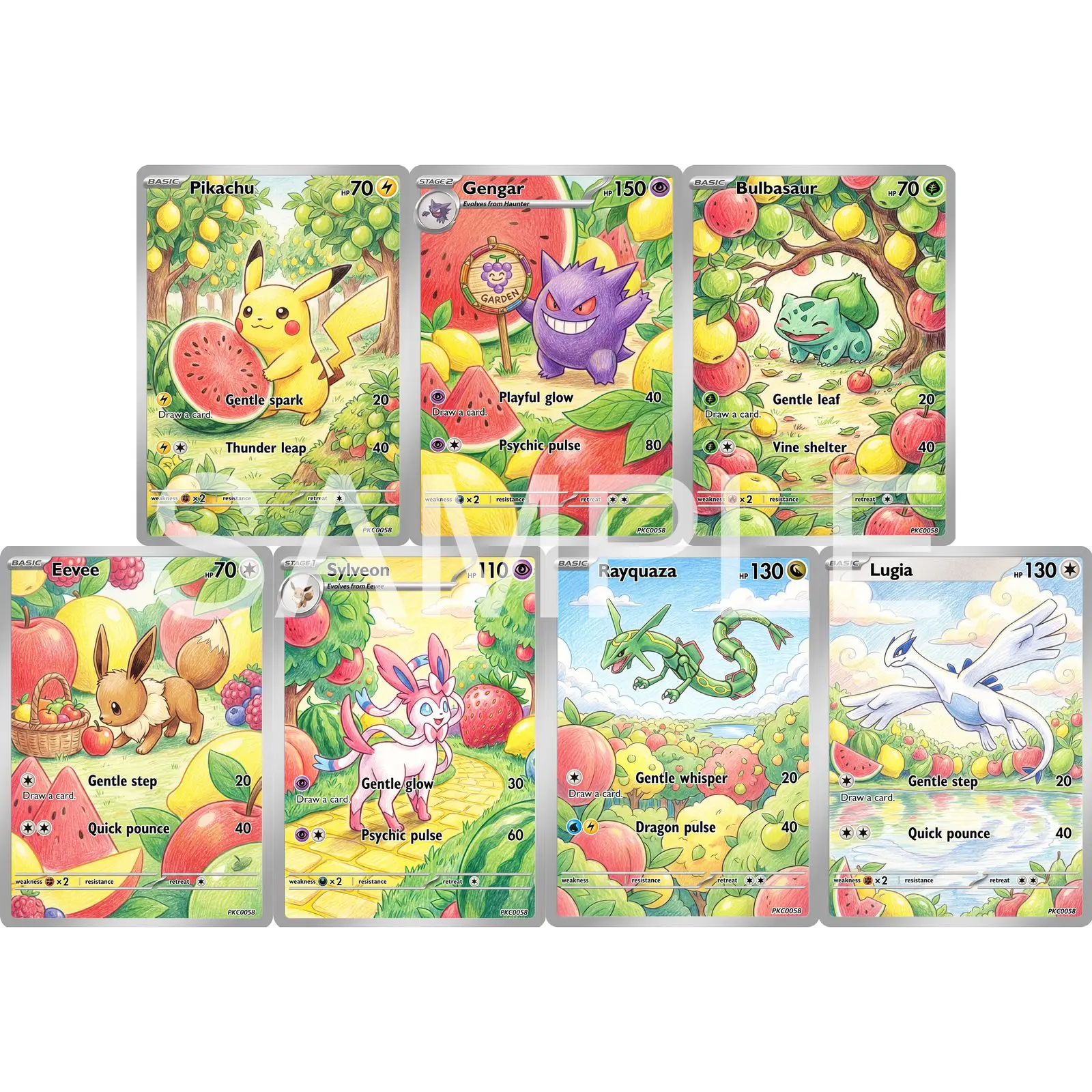 7Pcs PKM Cards PTCG Colored Pencil Storybook Style Gengar Bulbasaur Eevee Sylveon Rayquaza Lugia Giant Fruit Orchard Cards PTCG