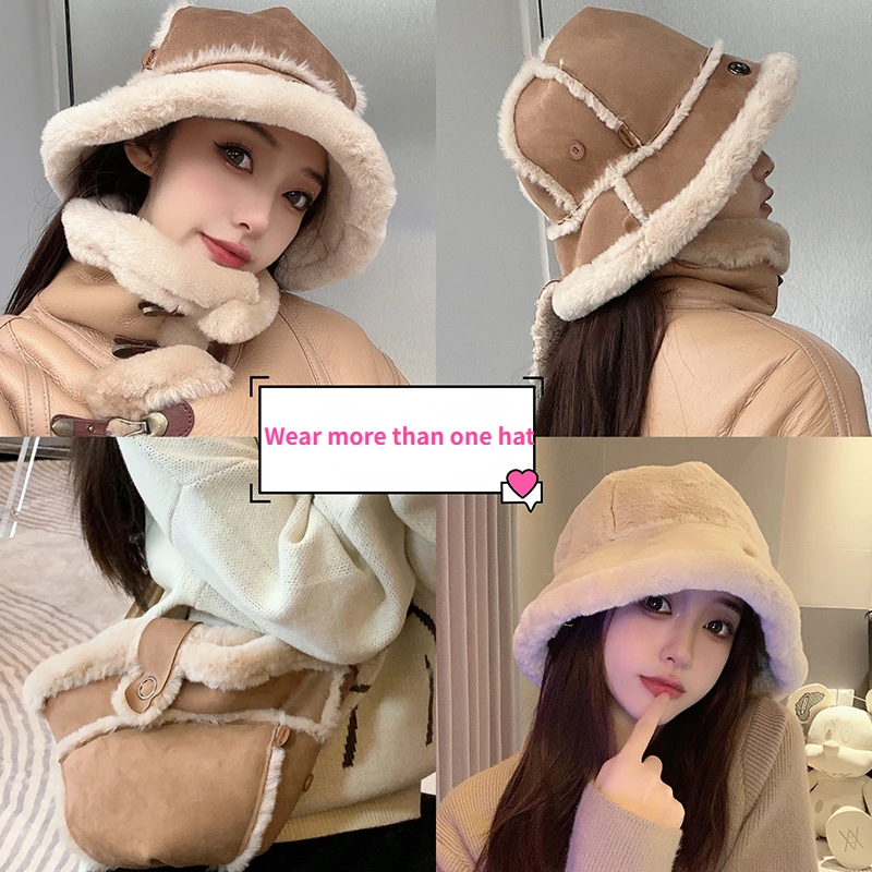 

Can Be When The Bag Fisherman Hat Winter Head Girth Double Side Plus Velvet Warm Ear Cap Women Fashion Street Plush Basin Hats