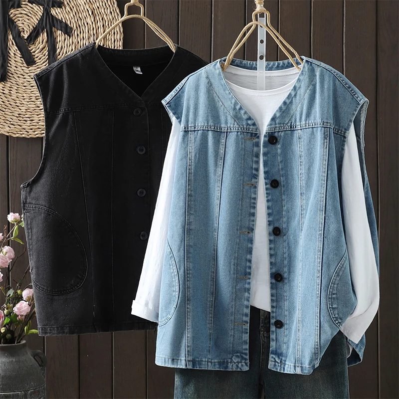 Loose Fit Blue Denim Vest Women's Summer Casual V-Neck Single Button Oversized Cover up Cotton Blend Breathable Inner Wear
