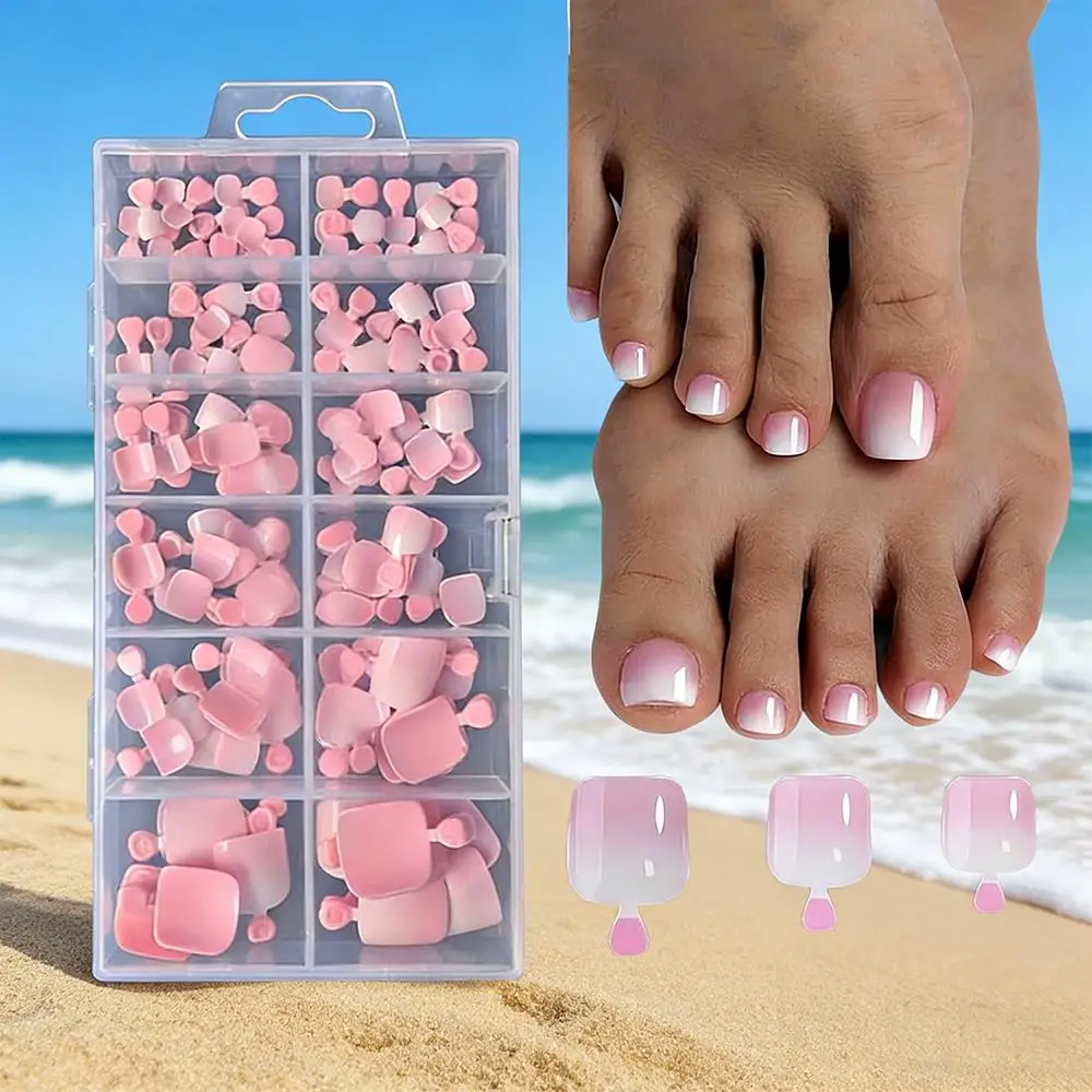 120 Stück Farbverlauf Rosa French Tips Künstliche Zehennägel Kurz Quadratisch Sommer Press-On Zehennägel für Urlaub Strand Tragbare Falsche Zehennägel 1