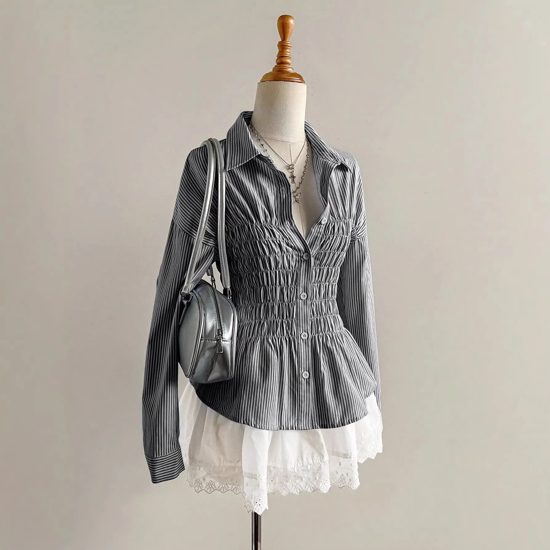 

Best Selling Long Sleeve Elastic Tight Striped Shirt for Women