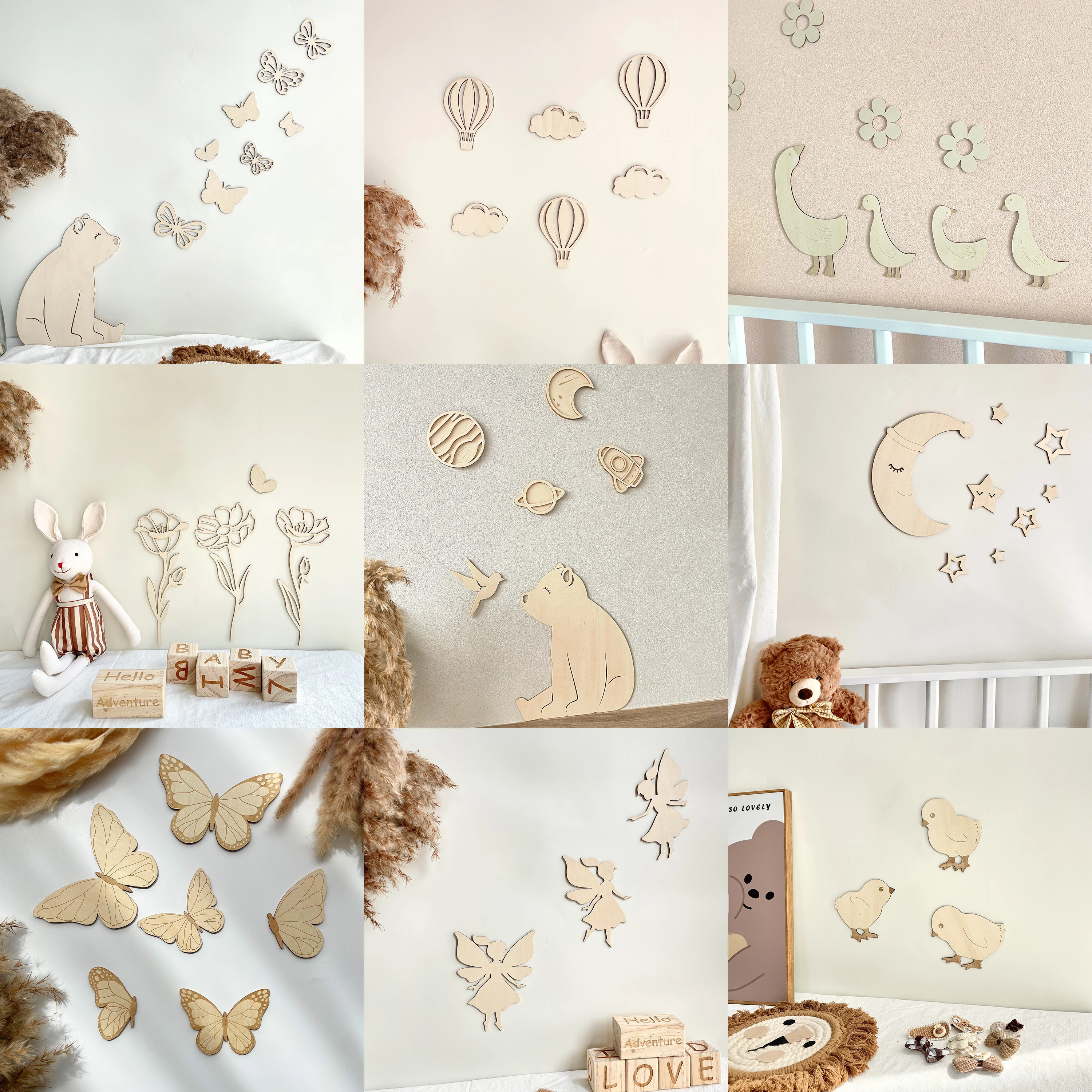 

Multiple Options Nordic Wooden Moon Star Wall Sticker Children's Room Butterfly Universe Decoration Balloon Flower Photo Prop