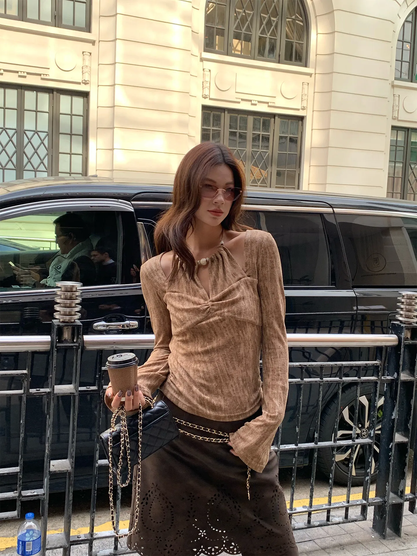 【MAR】Women Maillard Tie-Dye Beaded Halter Sweater Slim Long Sleeve Top