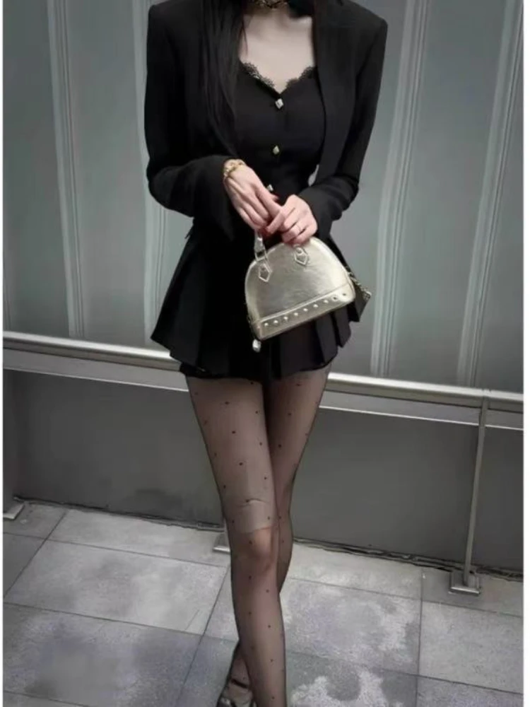 Autumn Sexy Vintage Elegant 3 Piece Sets Woman Lace Design Jacket + Retro Pleated Mini Skirt Female Chic Korean Popular Clothes