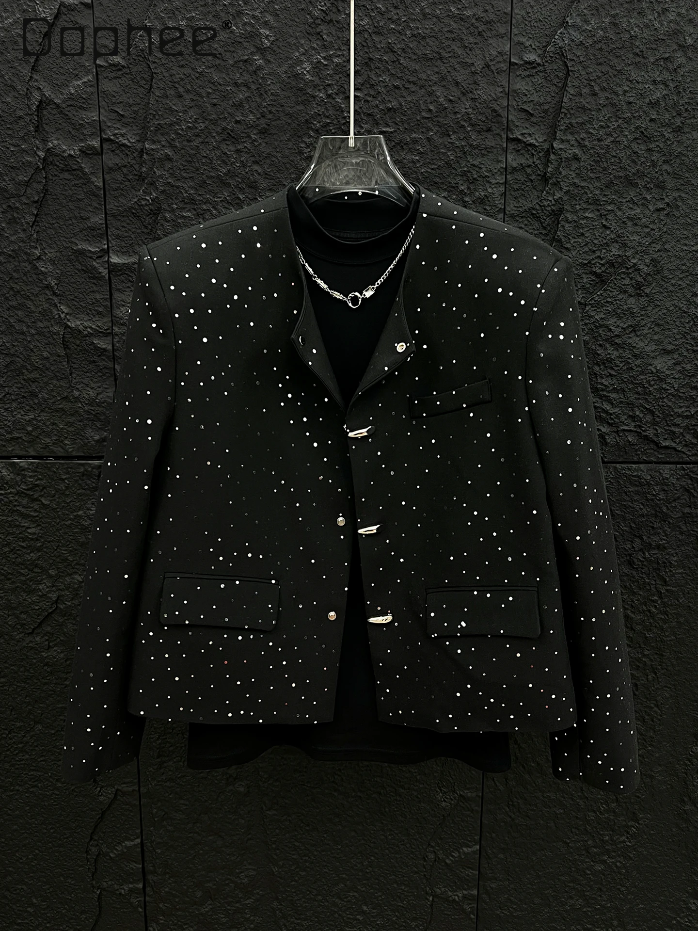 

Spring Autumn New Black Elegant Handsome Short Jacket for Men Trendy High-end Starry Sequins Shiny Loose Slimming Mens Jacket