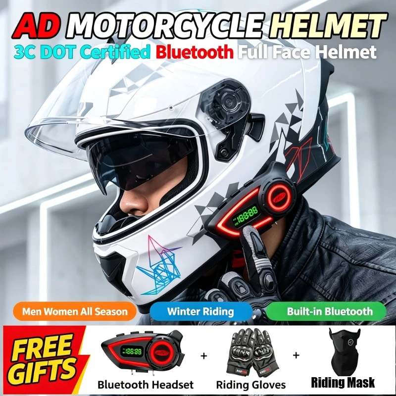 AD Electric Motorcycle Full Helmet Men Women Winter All Season Rider Helmet 3C DOT Certified Built-in Bluetooth Motorbike Helmet