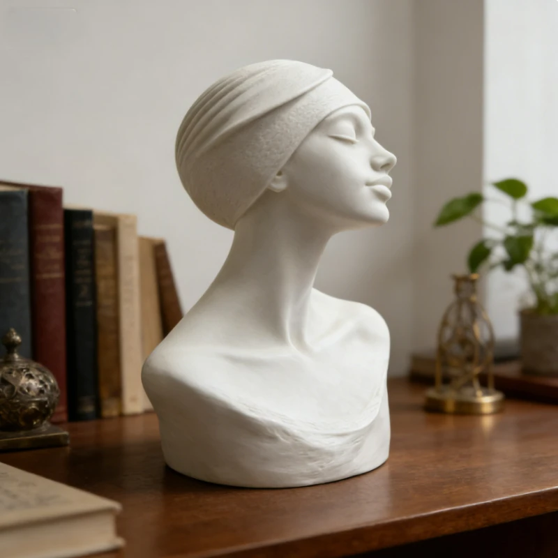 Women Sculpture Bust with Headscarf, Closed Eyes Tilted Face, Desktop Art Decor, Creative Home/Office Statue for Bookcase