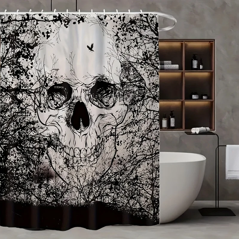 Gothic Skull Shower Curtain, Black & White Abstract Print Waterproof Bathroom Decor, Edgy Art Home Bath Screen