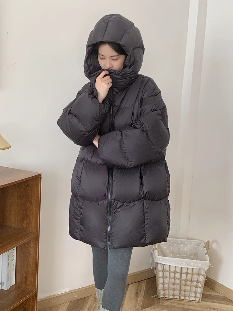 Winter Medium to Long Solid Hooded Down Jacket Women White Duck Down Parker Outwears Female Loose Thick Warm Quilted Jacket Coat
