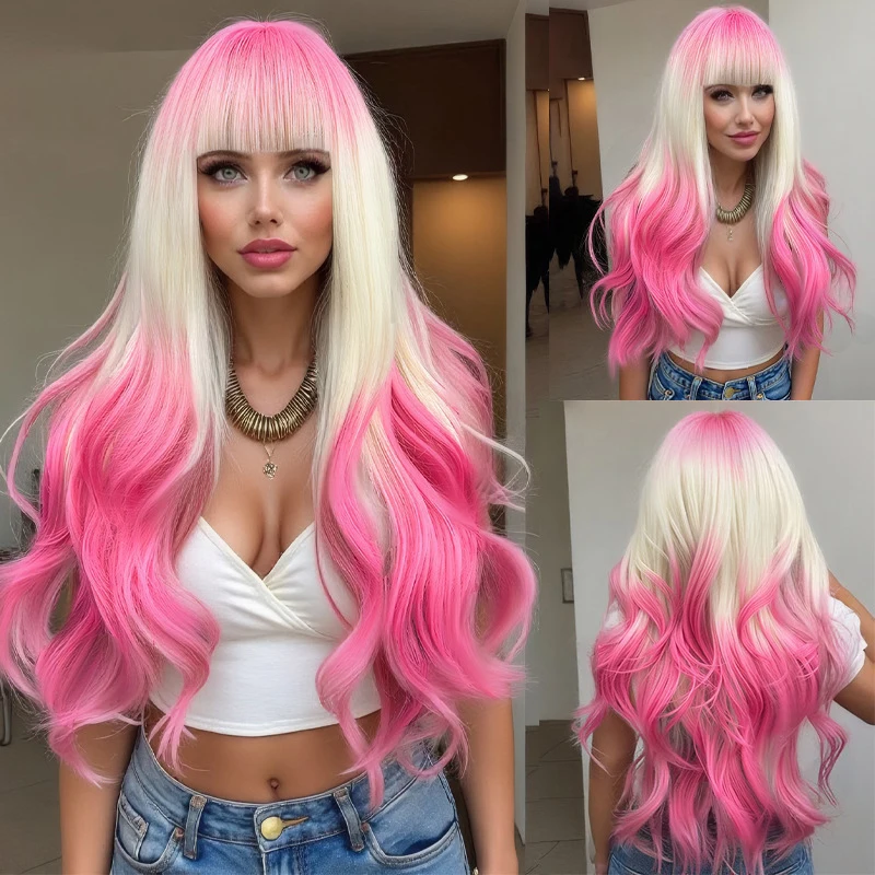 

Full Long Curly Layered with Bangs Synthetic Cosplay Gradient Beige Pink Wig for Women
