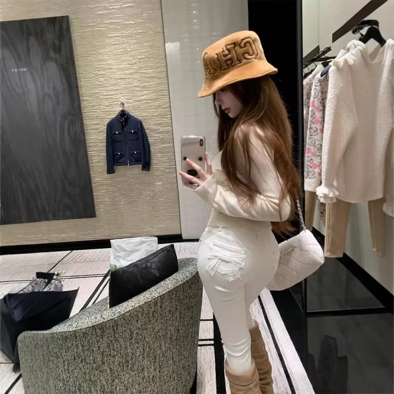 

Dopamine Bow Denim Jeans for Women Spring and Autumn2025New elastic high-waisted slimming straight-leg versatile skinny pants
