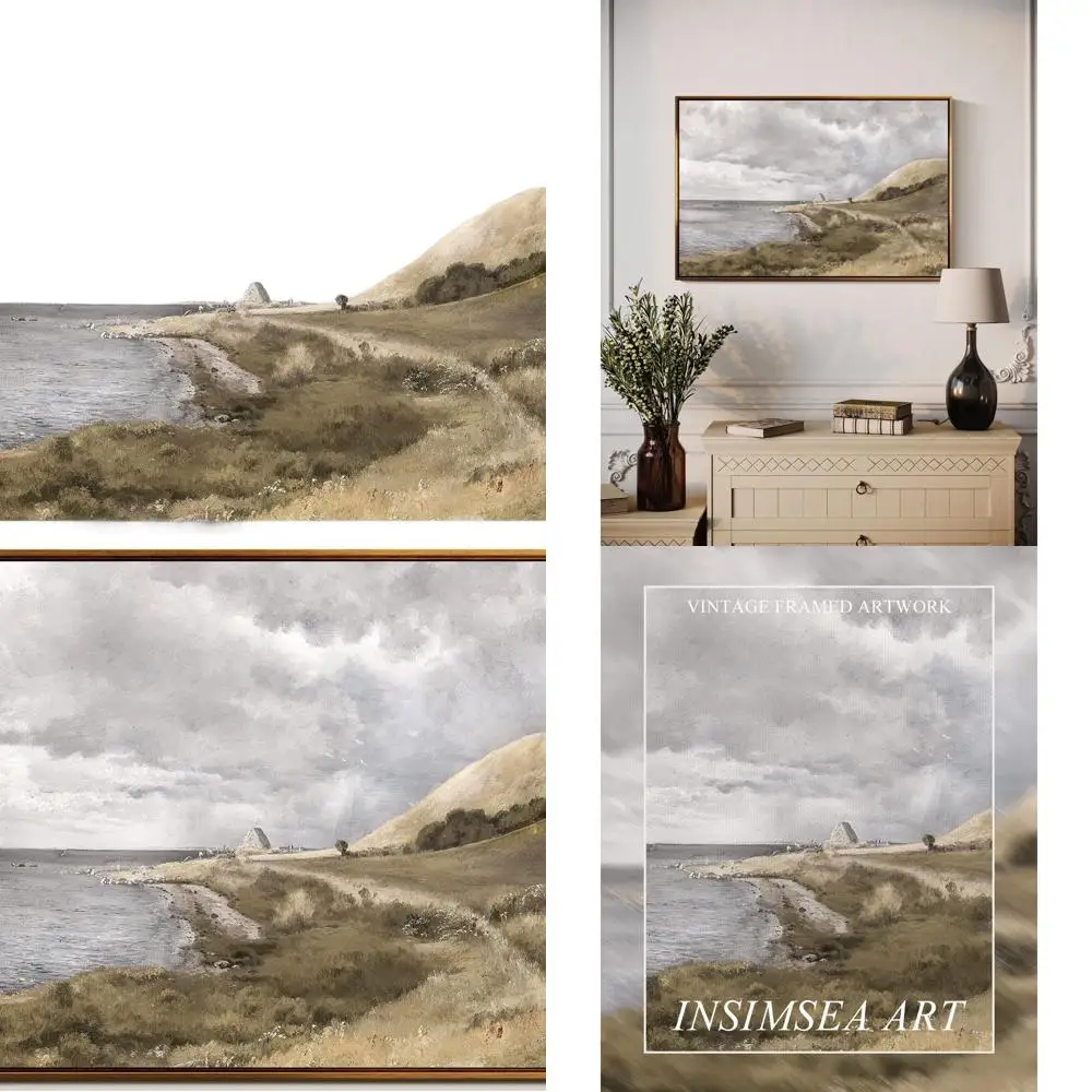 

Vintage 24x36 Golden Framed Seascape Art - Danish Coastal Scene for Beach-Themed Rooms
