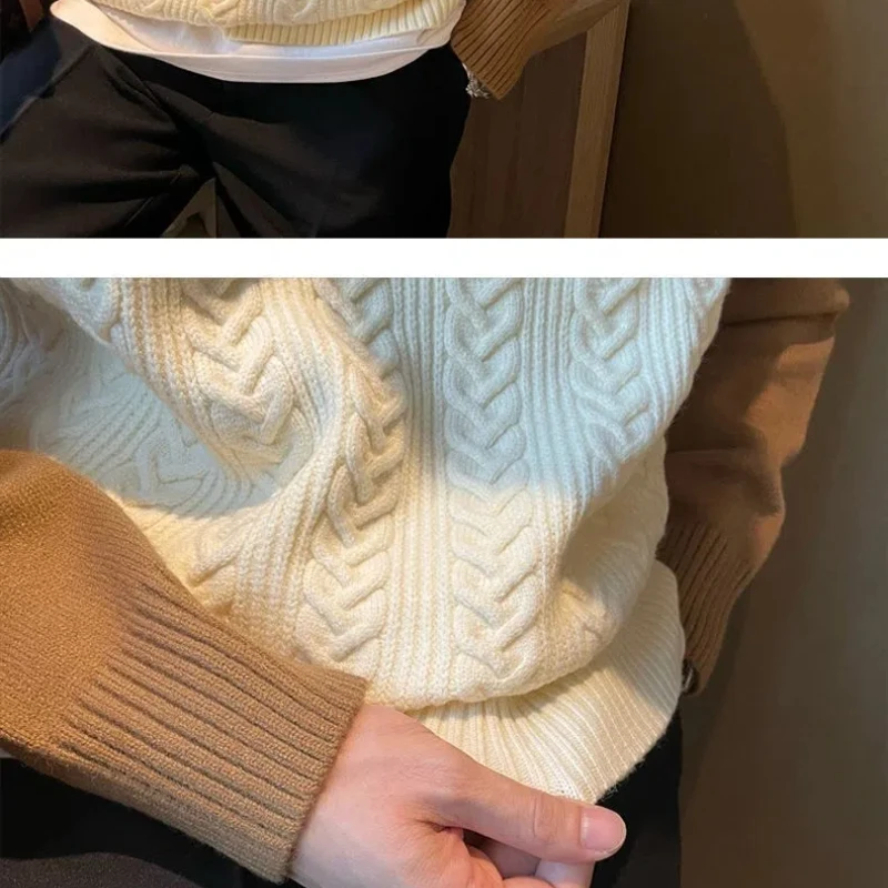 2024 New Sweater Men's Versatile Contrast Color Letter Fashion Casual Knitting Trend Minimalist O-Neck Loose Long Sleeved Tops