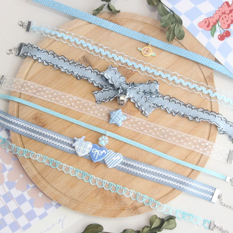 Women's Blue Lace Choker Necklace Fashion Globe Bell Bow Heart Cat Palm Design Clavicle Jewelry Accessory for Ladies And Girls