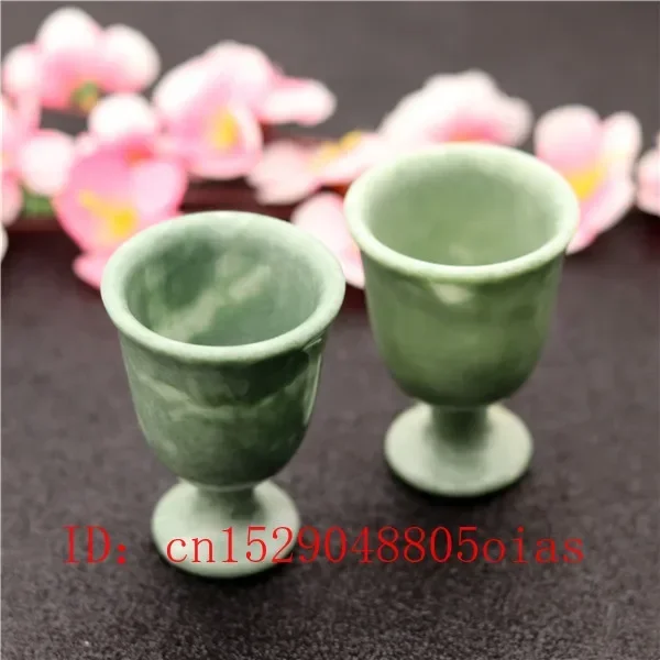 

2pcs Natural White Green Jade Wine Glass Chinese Style Cup Crafts Tea Healthy Energy Appliances