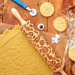 1pc 13.7in Wooden Halloween Rolling Pin With Pattern For Kitchen Pastry Baking Tools Deep Engraving Cookies Stamp Tool