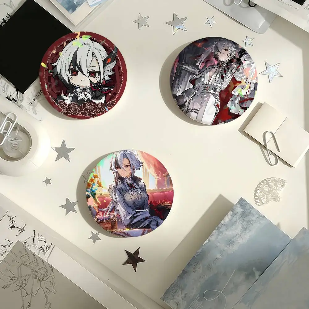 Game Genshin Impact Cute Arlecchino Laser Badge Pins Handmade Brooches for Backpack Gifts Bag Decor Fans Collect