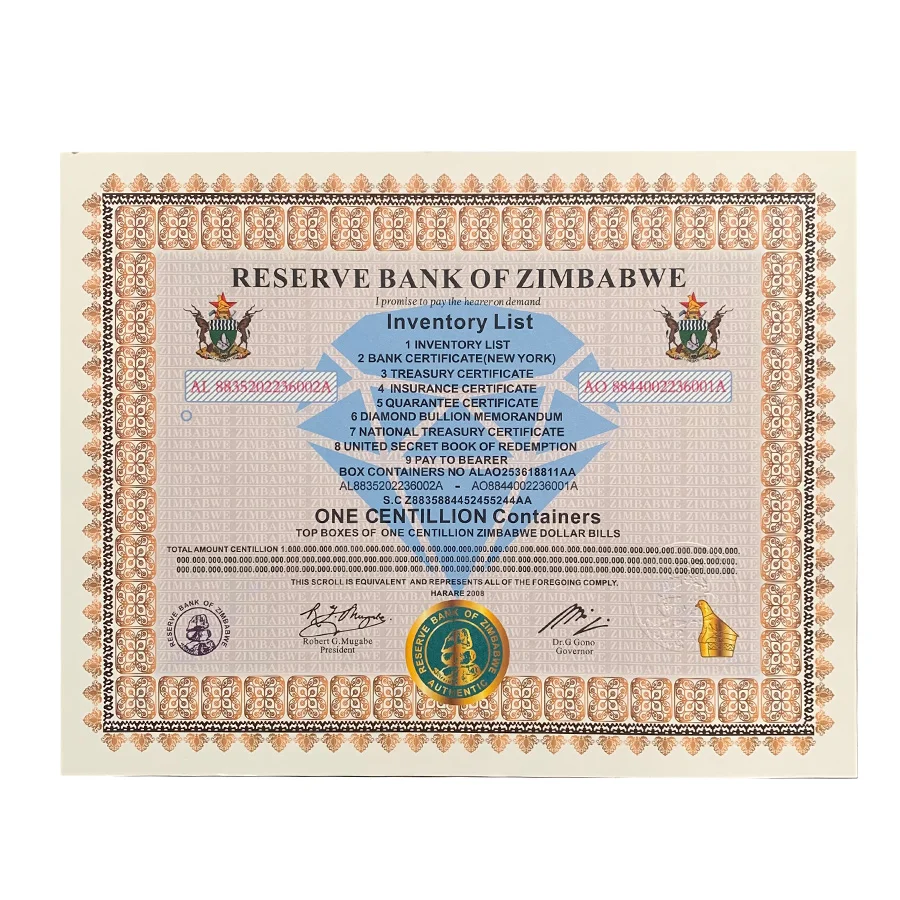 100 pcs Latest Zimbabwe ONE Centillion Containers Banknote Certificate UV Anti-counterfeiting Paper Money For Top Nice Gifts