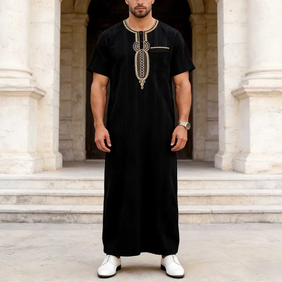 Men's Muslim Robe Islamic Arabian Short Sleeve Embroidery Jubba Thobe Arabic Ethnic Style Kaftan Islam Clothing Men Caftan Abaya