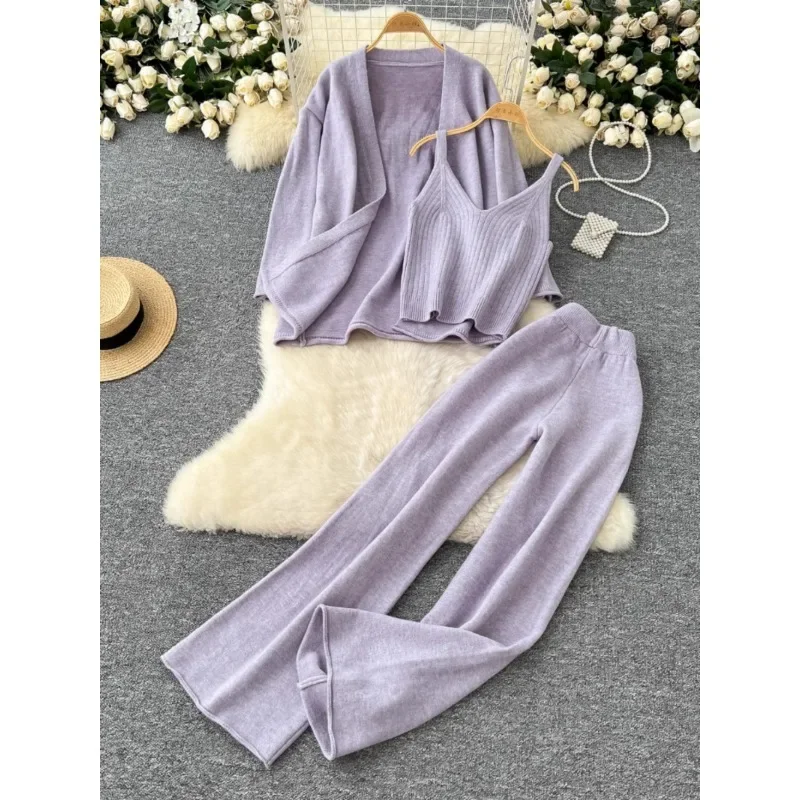 High Quality Solid Color Knitted Pants Suit Women\'s Autumn Winter Cardigan Camisole High Waist Wide-leg Pants Women Two-piece