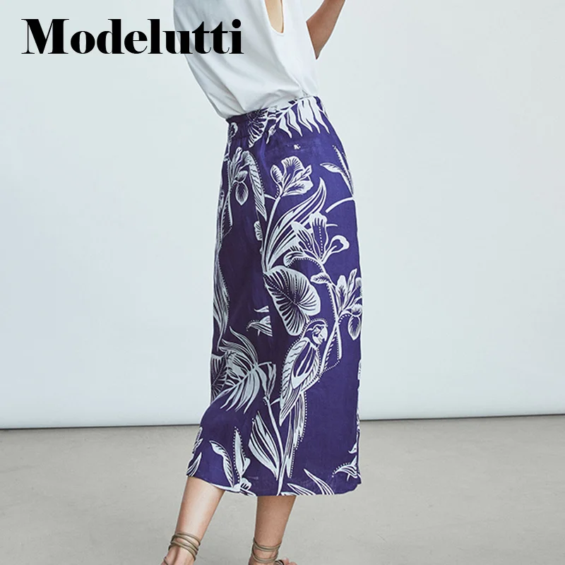 Spring 2023 New Summer Leaves Print Linen Long Skirt Fashion Women All-match Simple Elegant Casual Bottoms Female