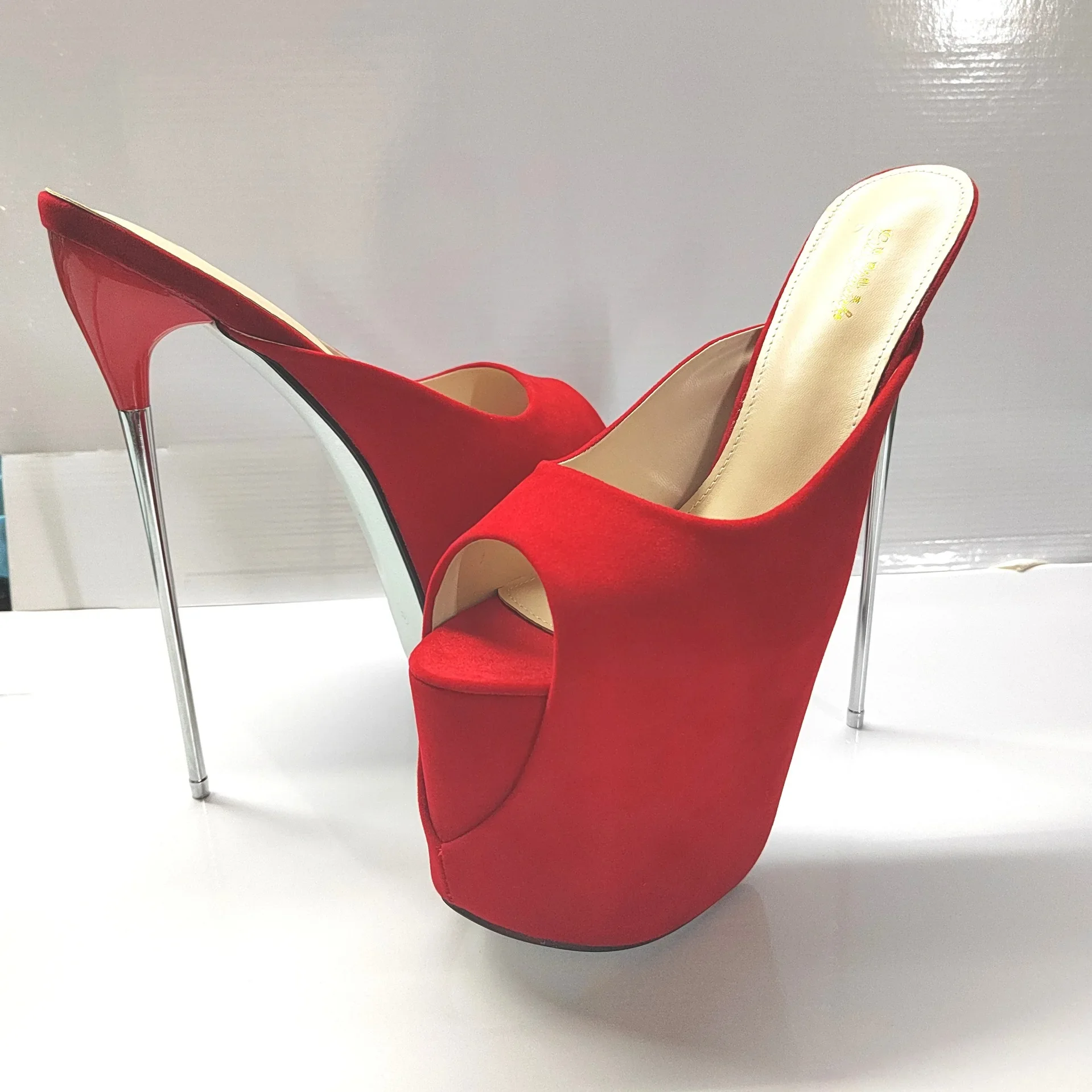 New ultra high fine heel 19 cm steel heel suede red large size slippers hate sky-high sexy women's shoes High-heeled sandals