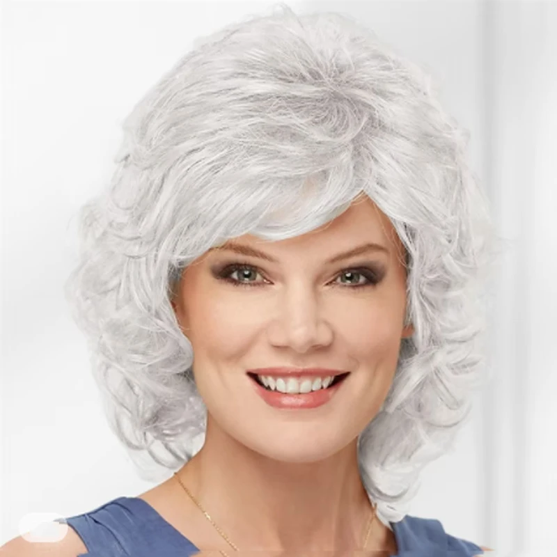 HAIRJOY Damen-Perücke aus Kunsthaar, kurz, lockig, mit Pony, schulterlang, blond, grau, weiß, braun – Detail 3