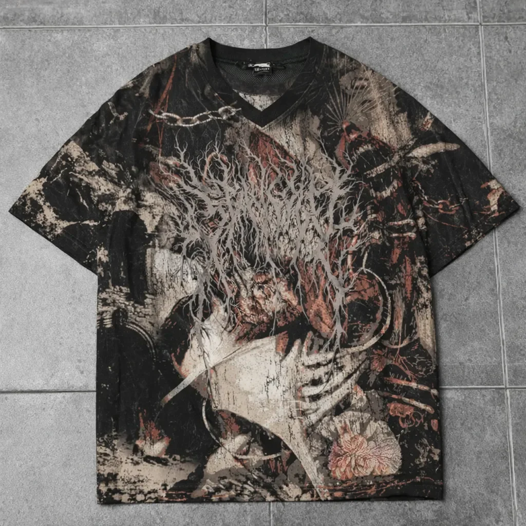 Gothic Horror Heavy Metal Style Jersey with Ruins and Chain Print, Suitable for Halloween Parties for Men and Women