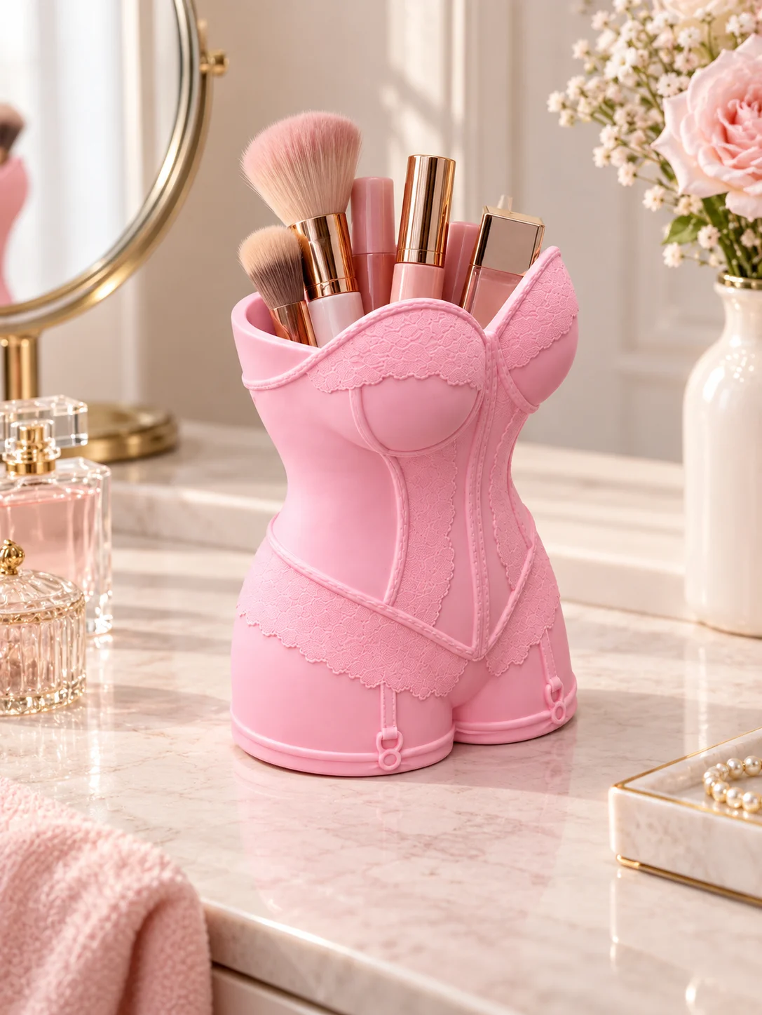 Pink Corset-Style Makeup Brush Holder with Waist-Cinching Design, Dressing Table Storage Rack, Three-Dimensional Lace Texture with Full Details and Soft Texture, Can Hold Various Makeup Brushes and Beauty Tools, Creates a Soft and Feminine Atmosphere, Desktop Decoration Piece, Suitable for a Girly Light Pink Room Decor, Both a Practical Storage Solution and a Soft Decoration for the Dressing Table, Effectively Enhances the Appearance and Tidyliness of the Dressing Table