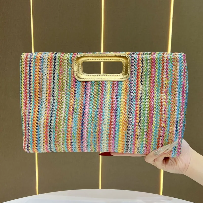 

Летняя радужная полосатая соломенная сумка-клатч, модная богемная цветная плетеная пляжная сумка, женская маленькая квадратная вечерняя сумка
