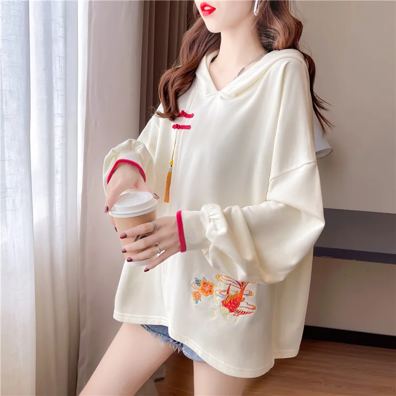 Hoodies Sweatshirts Women Tops Chinese Knot Button Tassel Embroidery Loose Baggy Elegant Female Autumn Winter Chic Temperament