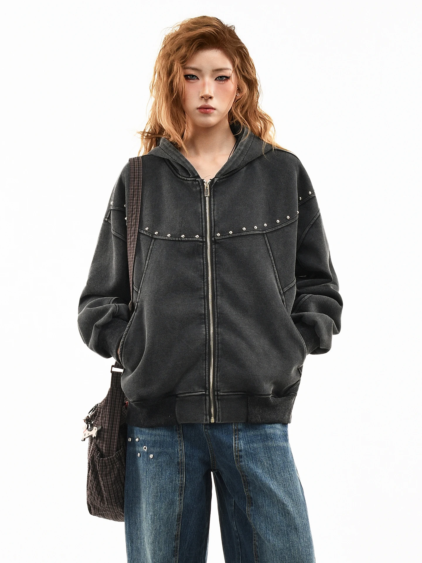 

Мужская свободная толстовка-кардиган OV Original American Retro с заклепками, весенняя, модная, из хлопка, с длинными рукавами