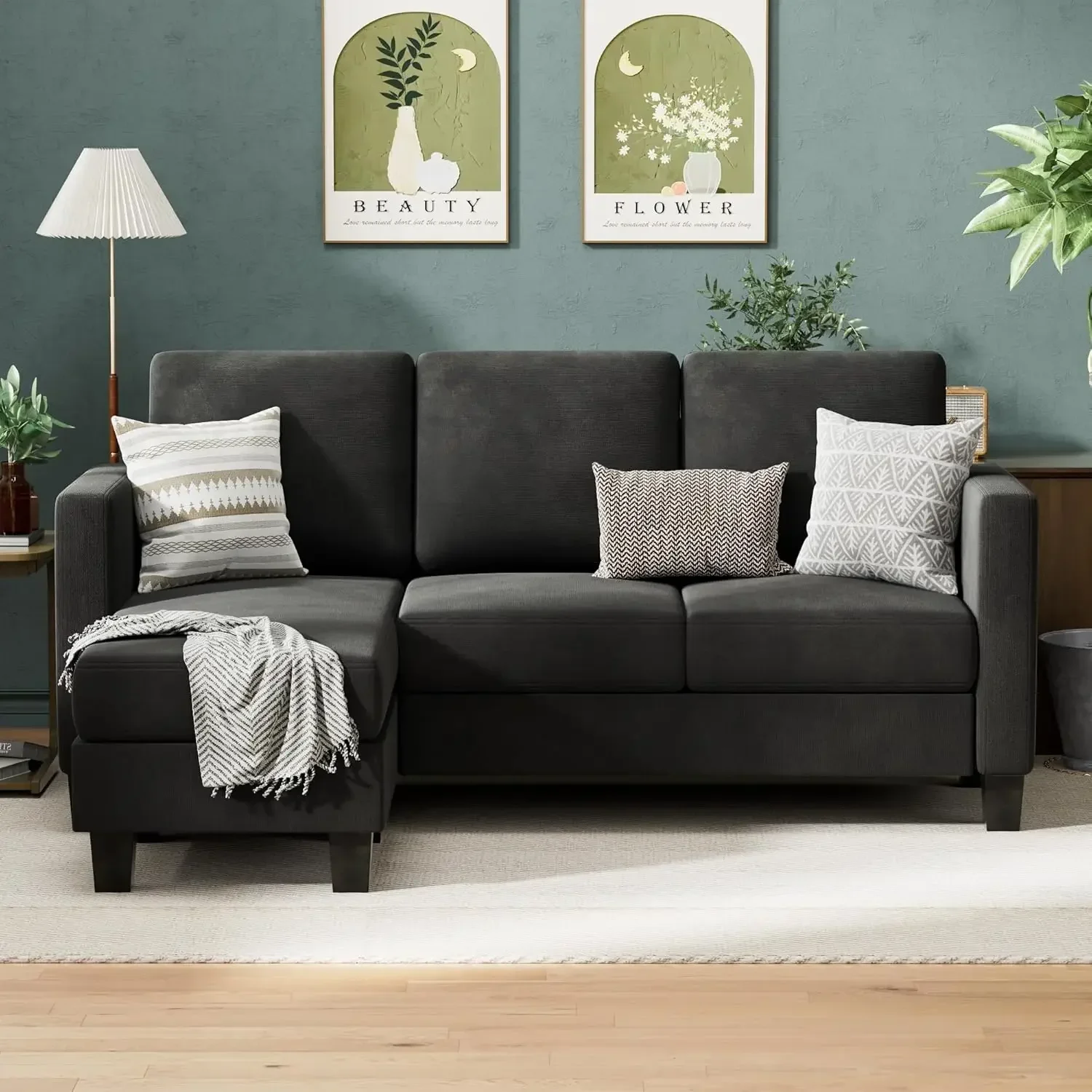 Sectional Sofa Couch 3 seat L-Shaped Sectional Sofa  Small Apartments, Living Rooms and Offices (Declare, Deep Grey)