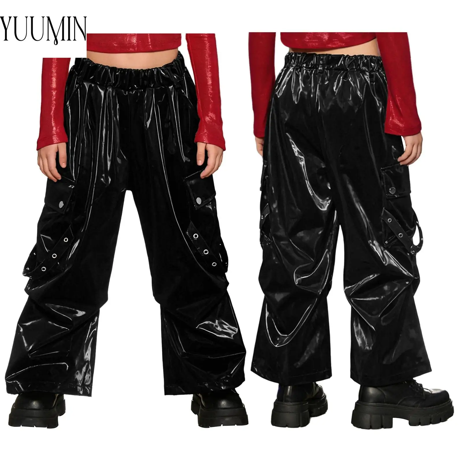 

Kids Girl Hip-Hop Jazz Street Dance Stage Performance Costume Elastic Waist Glossy Faux Leather Pants for Stage Show Dance Party