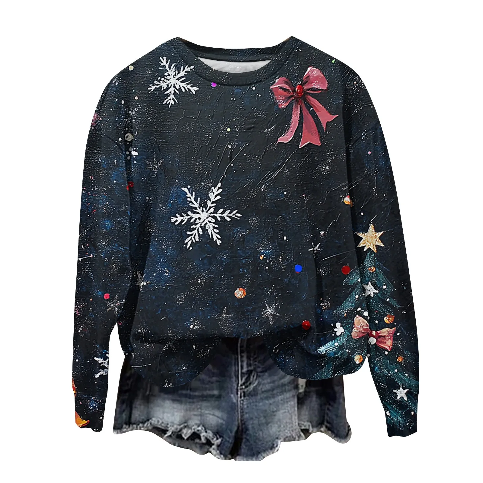 Merry Christmas Snowman Print Long Sleeve T-shirts Crew Neck Block Top Pullovers & Blouses For Fall & Winter Women's Clothing