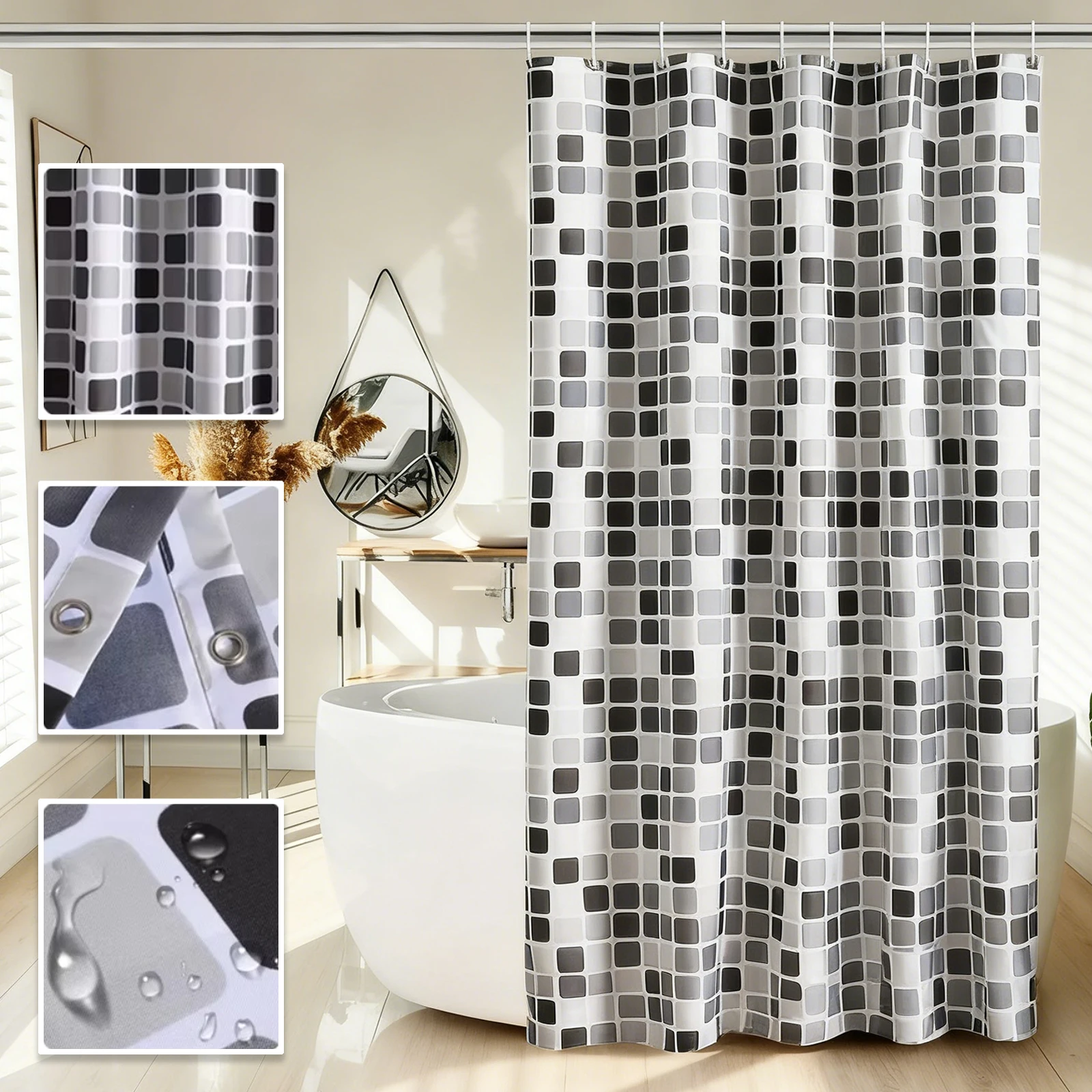 

1 шт., занавески для ванной комнаты с мозаичным принтом, водонепроницаемая занавеска для душа с крючками, полиэфирная ткань, занавеска для ванной для украшения ванной комнаты