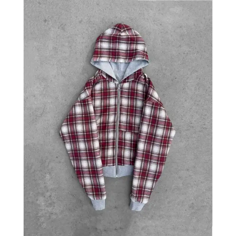 سترة بقلنسوة مربعة منقوشة باللون الأحمر، ملابس شارع كلاسيكية Y2K للجنسين، سترة كاجوال كبيرة الحجم بسحاب عتيق بقلنسوة