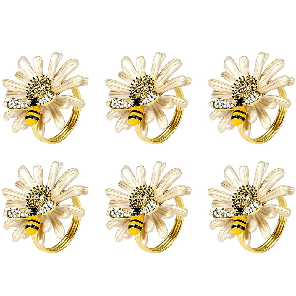 6 Daisy Sunflower Napkin Rings, Gold Bee Napkin Ring Holders for Formal or Casual Dinning Table Decor