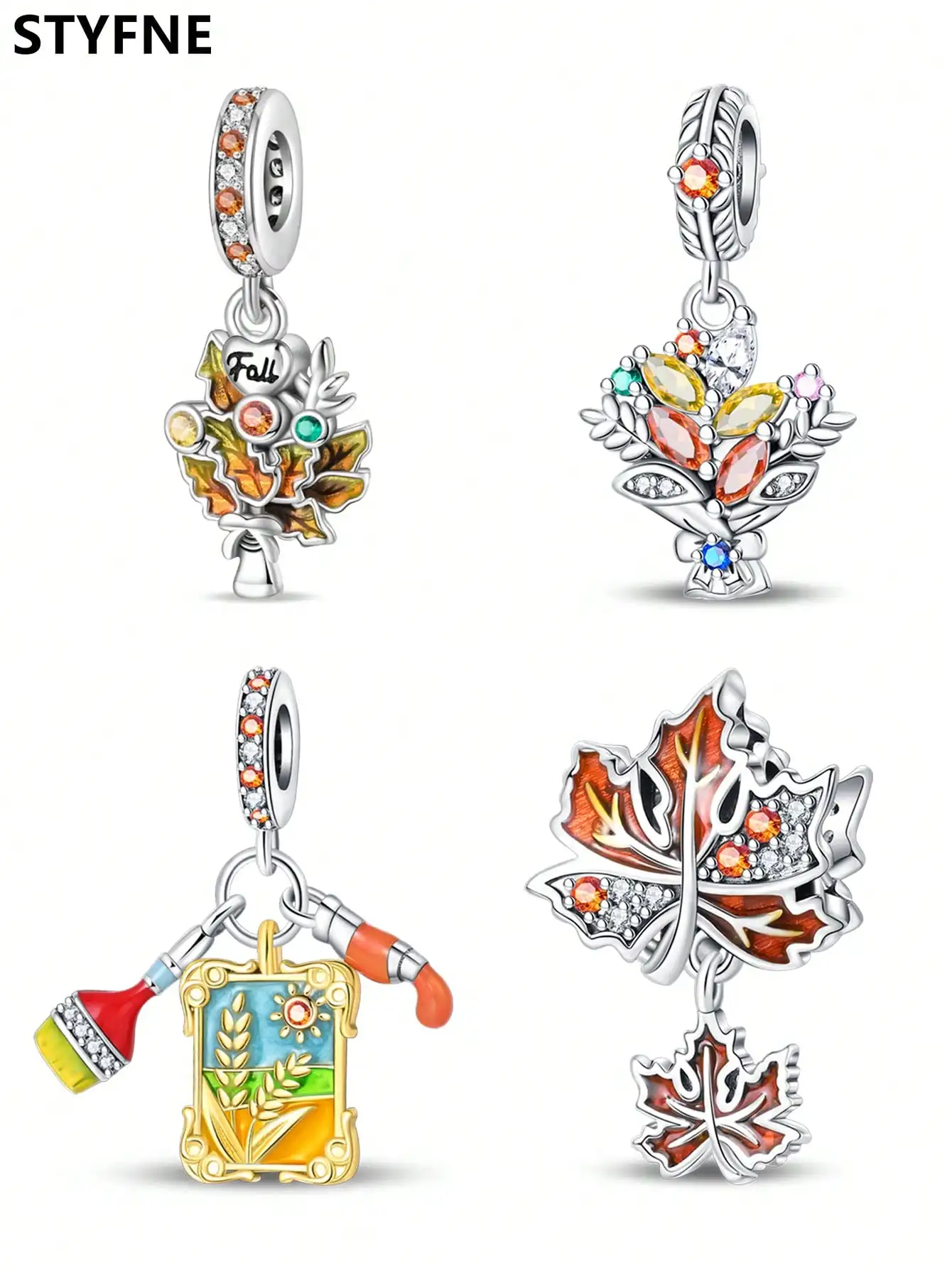 925er Silber vergoldet, Original-Charms, Herbst-Ahornblatt-Weizenperlen, passend für Armbänder, Damenschmuck, Geschenk