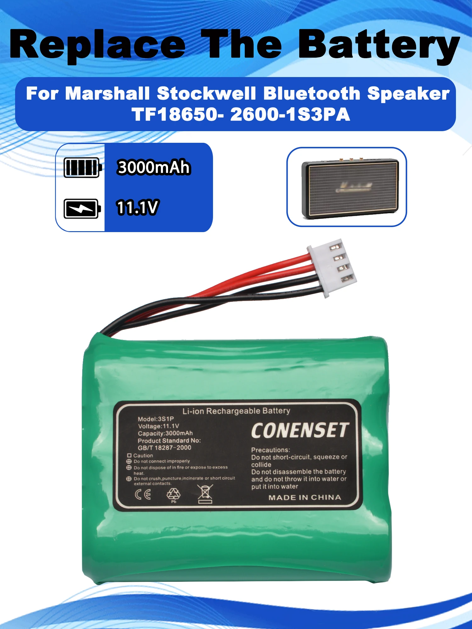 11.1V 3000mAh Replacement Battery For Marshall Stockwell Bluetooth Speaker TF18650- 2600-1S3PA