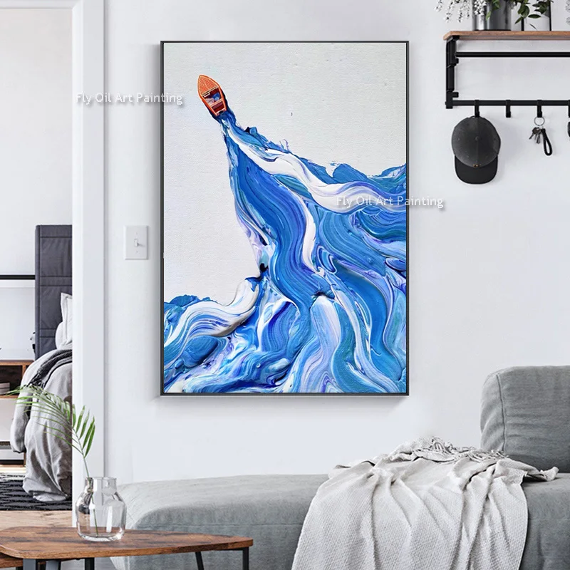 

Small Boat In Motion Abstract Blue White Sea Oil Painting Handmade Creative Pigment Design Thick Canvas Wall Art Decor For Home