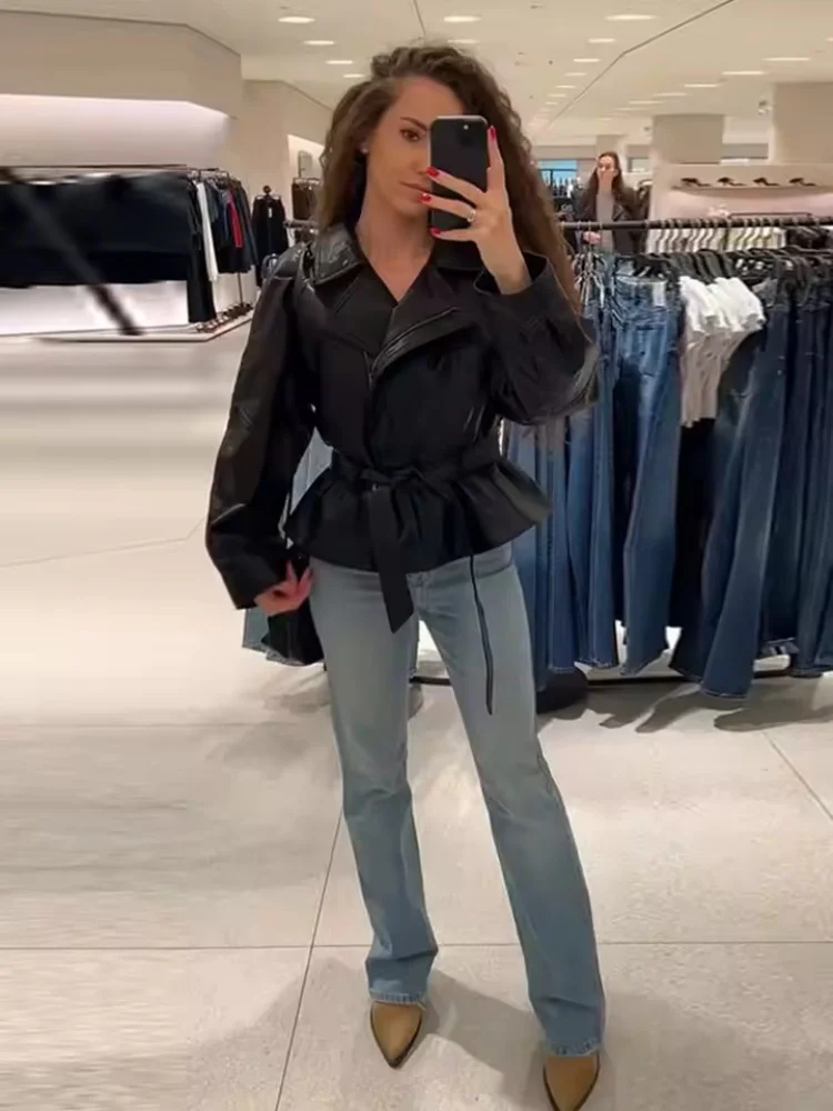 Tidalyf 2025 معطف نسائي قصير من الجلد معطف أسود بسحاب أمامي بحزام خصر نحيف ملابس خارجية أنيقة للخريف