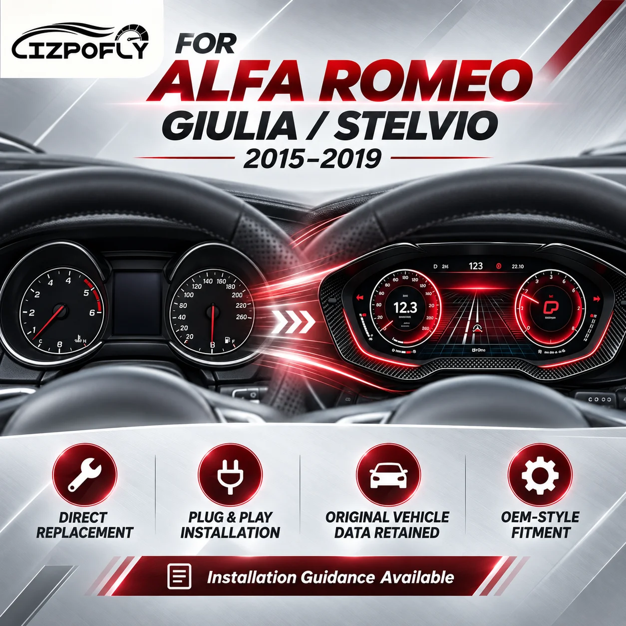 Lizpofly LCD Digital Instrument Cluster For Alfa Romeo Giulia/Stelvio 2015-2019 Car Dashboard Speedometer Odometer Display Panel