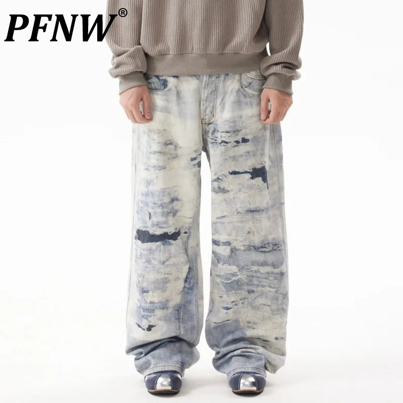 

PFNW Male Niche Washed Painting Design Jeans Vintage Straight Wide Leg Pants Trend American Street Loose Trousers Autumn 28W4411