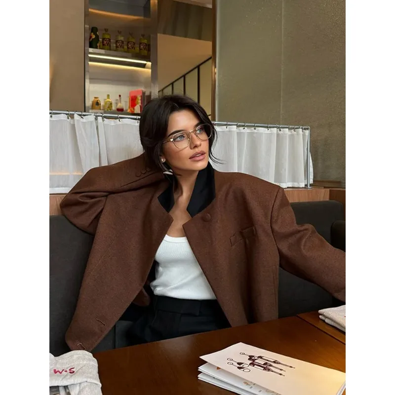 Women Vintage Lapel Neck Jackets Temperament Full Sleeve Pockets Short Jacket 2025 Autumn Lady Chic Daily Commute Outerwear