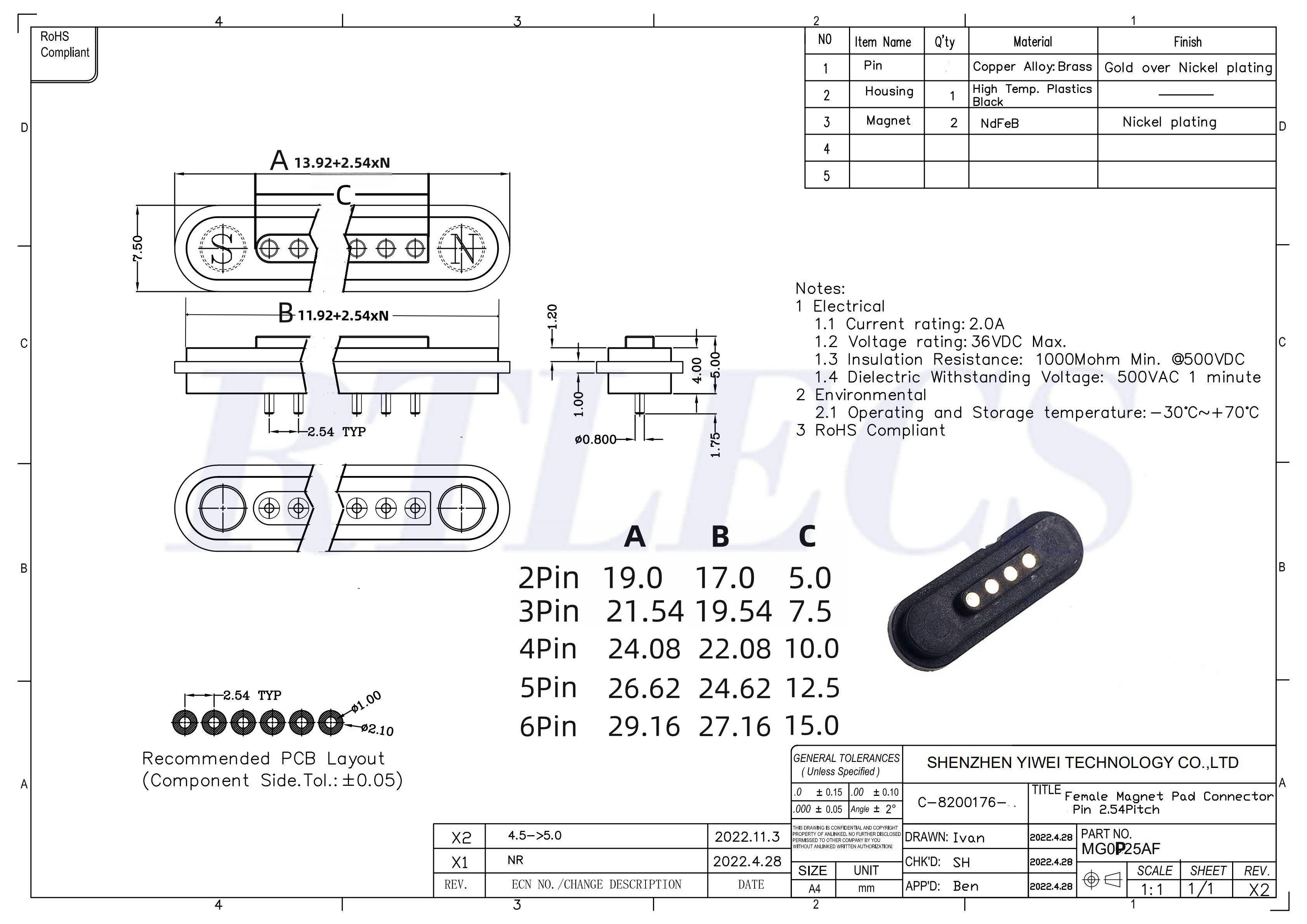 1/5 Paar 2A wasserdichter magnetischer Pogo-Pin-Stecker 2, 3, 4, 5, 6 Positionen Pogopin männlich weiblich 2,54 mm federbelastete DC-Steckdose – Detail 2