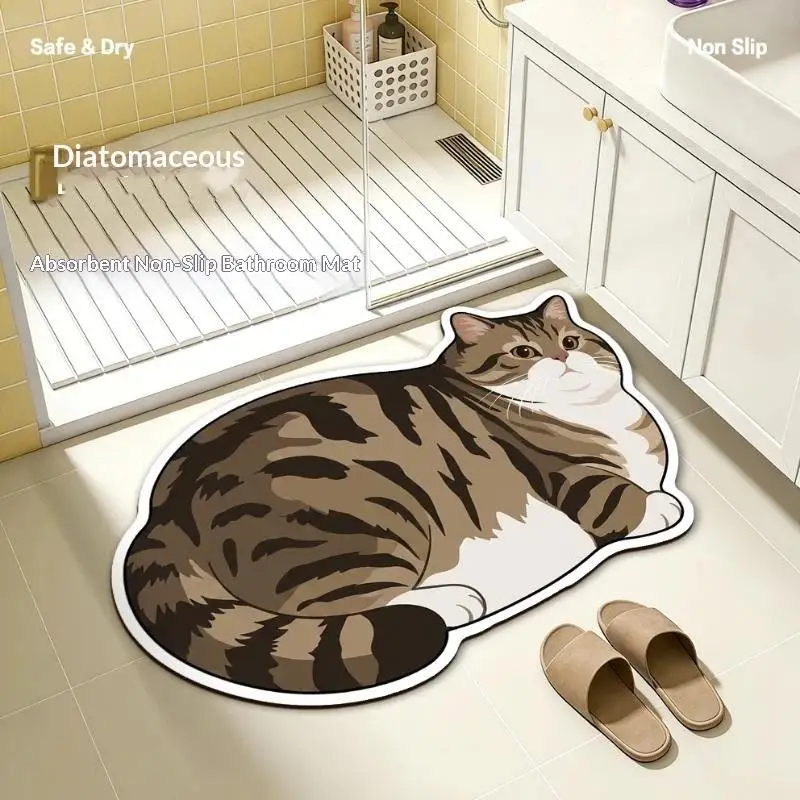 (.) Diatomite Bath Mat With Cute Cat Print Non Slip Super Absorbent For Bathroom Shower Entry Home Decor