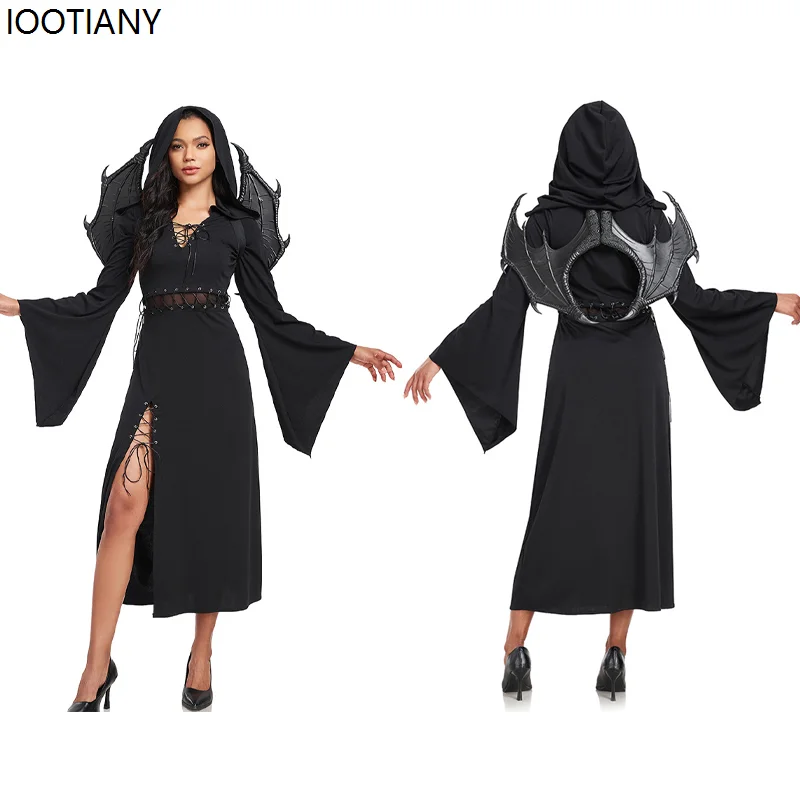 Halloween Gothic Demon Witch Cosplay Costumes Women Black Angel Fancy Dress Carnival Party Stage Performance Black Dresses New